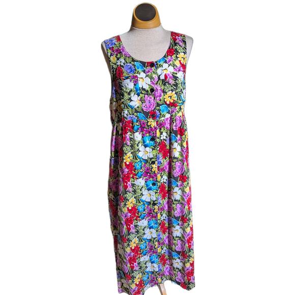 Vtg 1990s DPS Colorful Floral Print Button Up Sleeveless Maxi Sun Dress Sz S - Picture 2 of 4